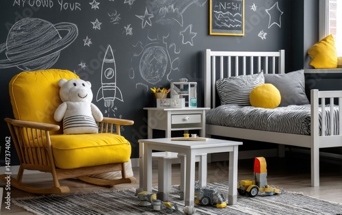 A children's room with white wooden furniture, a blackboard wall painted with a space-themed chalk design, and yellow chairs