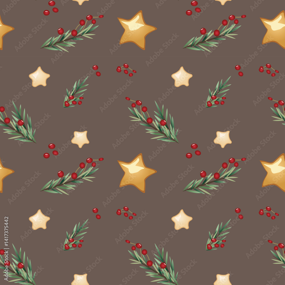 Hand-drawn seamless holiday pattern with star-shaped cookies, red berries, and pine twigs arranged in a cheerful festive repeat Hand-drawn seamless holiday pattern with star-shaped cookies, red berries, and pine twigs arranged in a cheerful festive repeat
