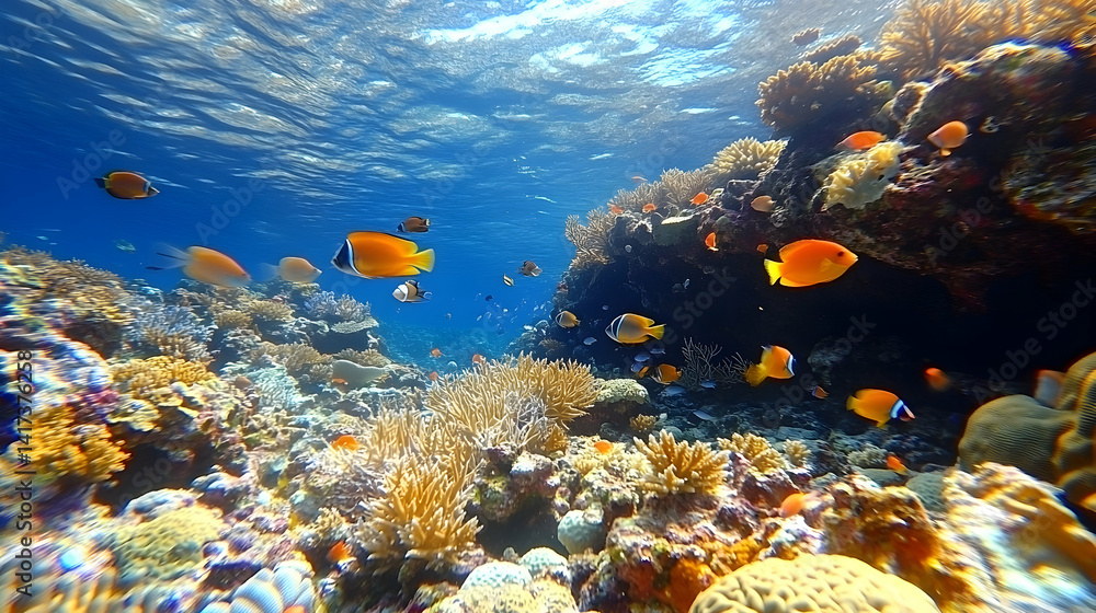 Naklejka premium Underwater view of vibrant coral reefs teeming with colorful fish amidst clear rippling water creating a serene marine