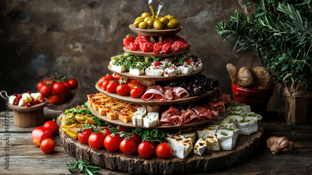 Mediterranean food pyramid with olive oil drizzle, symbolizing healthy eating traditions in warm tones. Mediterranean food pyramid with olive oil drizzle, symbolizing healthy eating traditions in warm tones.
