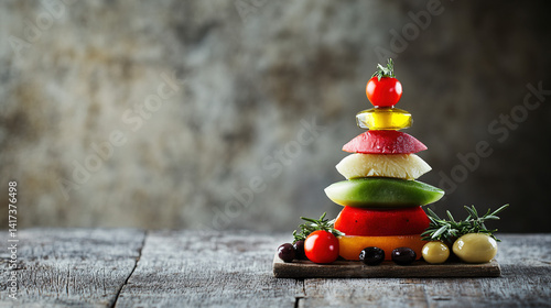 Mediterranean food pyramid with olive oil drizzle, symbolizing healthy eating traditions in warm tones.