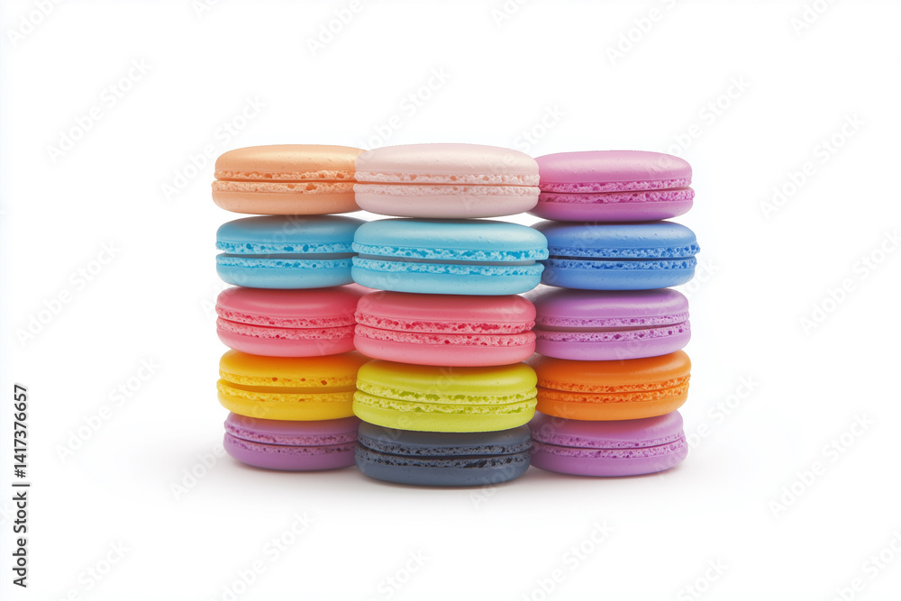 Fototapeta premium photographic image of colorful macarons neatly stacked, isolated on soft white shadow