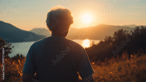 Elderly runner silhouetted against sunrise, motion trail effect; celebrating active aging and vitality