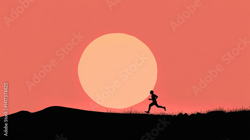 Elderly runner silhouetted against sunrise, motion trail effect; celebrating active aging and vitality