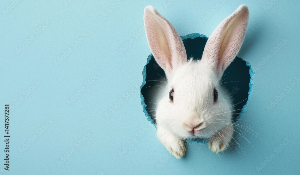 White Rabbit Peeking Through Blue Paper Hole in Bright Background White Rabbit Peeking Through Blue Paper Hole in Bright Background