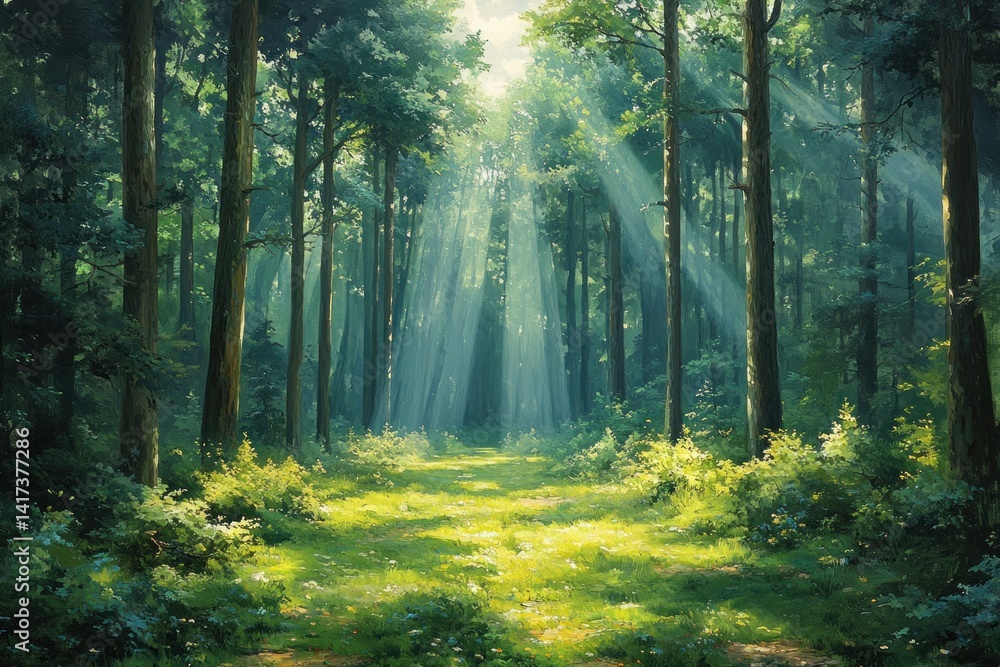 Obraz premium Sunlight streams through a lush forest (1)