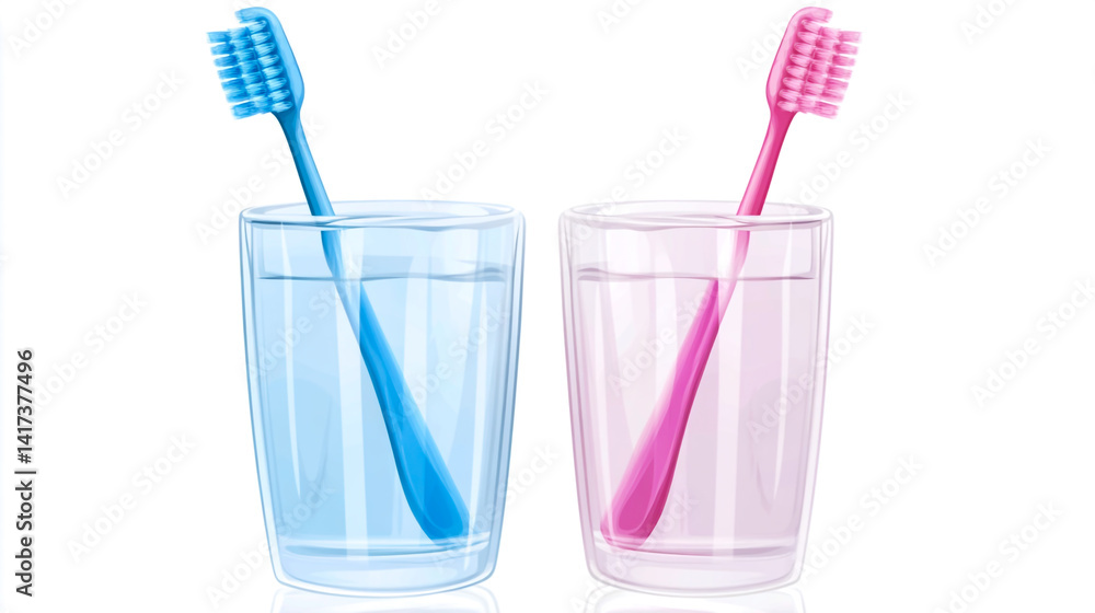 Two toothbrushes in a glass, isolated on a white background. The toothbrushes are in blue and pink colors, with a simple style, in PNG format. Two toothbrushes in a glass, isolated on a white background. The toothbrushes are in blue and pink colors, with a simple style, in PNG format.
