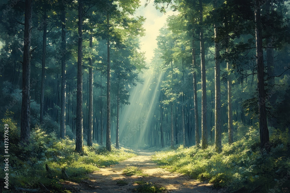 Fototapeta premium Sunlight path through a tranquil forest
