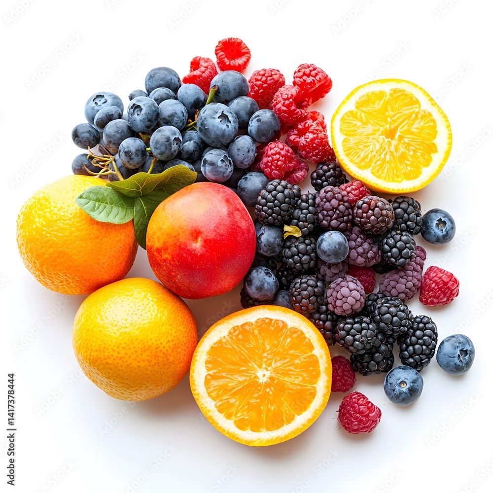 Assorted fresh berries and citrus fruits including blueberries raspberries blackberries oranges and a peach arranged on white background for healthy eating and fruit selection Assorted fresh berries and citrus fruits including blueberries raspberries blackberries oranges and a peach arranged on white background for healthy eating and fruit selection