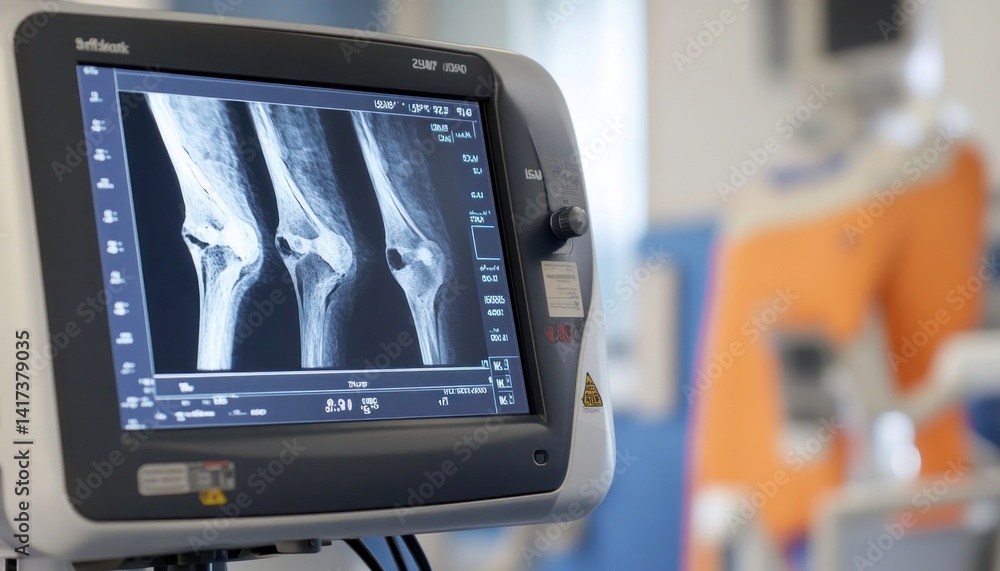 Knee radiography displaying on monitor in hospital room Knee radiography displaying on monitor in hospital room