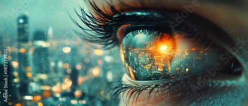 Human eye reflecting a surreal cityscape, evoking deep emotions, inner conflict, and the surreal interaction between ones emotional world and the external environment
