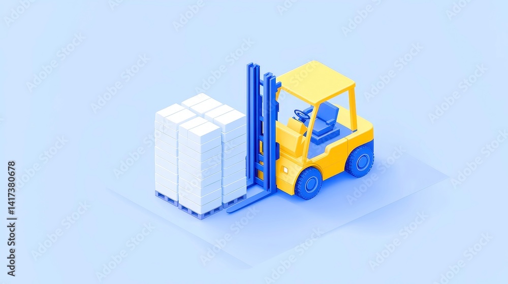 Naklejka premium Isometric blueprint of a yellow forklift transporting empty pallets in a spacious warehouse, showcasing a clean and technical illustration of industrial logistics.