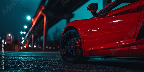 Dramatic Red Sports Car Illuminated Under Bridge at Night with Bokehs