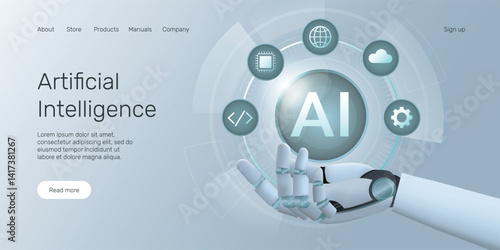 Web banner with Artificial Intelligence icon in robot hand. Big data analytics. Neural networks. Deep Learning. Machine learning, Neural network, AI landing page concept.