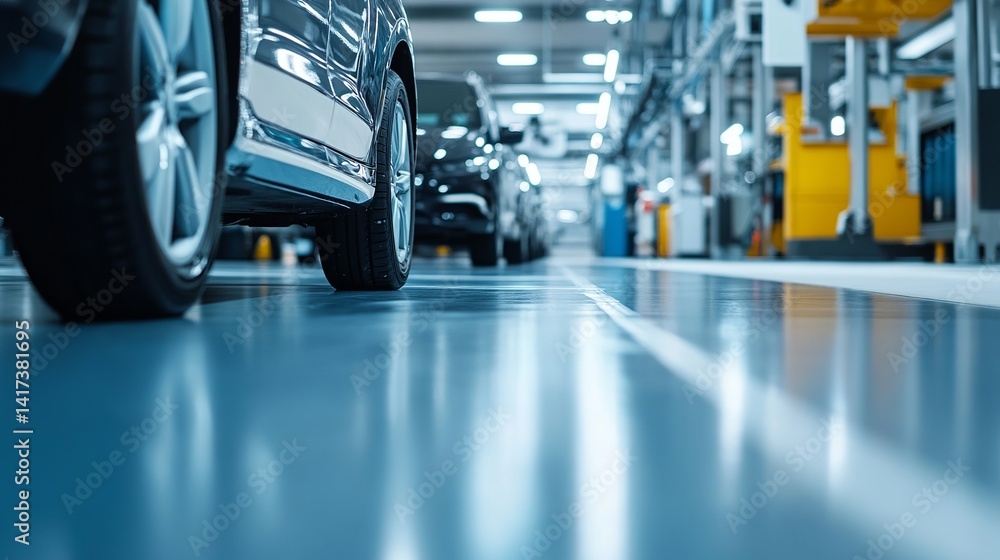 Air spraying equipment rests on a newly installed epoxy surface inside a car manufacturing service area Air spraying equipment rests on a newly installed epoxy surface inside a car manufacturing service area
