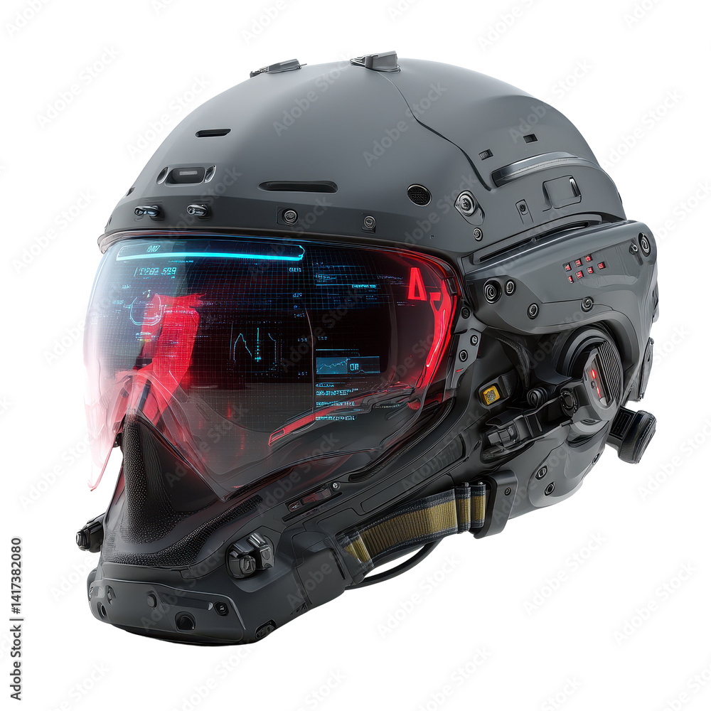 Fototapeta premium Futuristic Combat Helmet with Advanced HUD Display Sci Fi Gear for Virtual Reality and Gaming