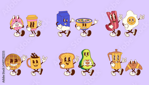 A set of groovy retro cartoon breakfast characters featuring fun and charming food duos.