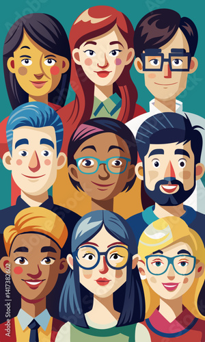 Avatares de diversas personas con gafas. Hombres y mujeres con diferentes gafas, expresiones faciales y peinados. Personajes multiculturales con gafas, gafas redondas hipster, colección de gafas moder