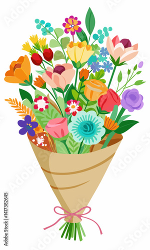 Hermosos ramos florales envueltos en papel kraft con flores de primavera y verano. Flores vibrantes envueltas en papel rústico, arreglos florales de temporada en colores frescos y vibrantes.
