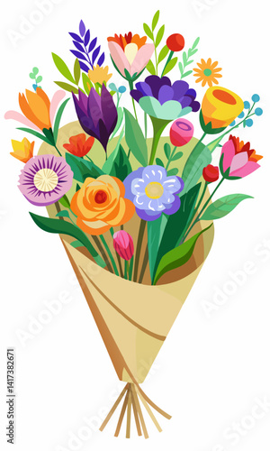 Hermosos ramos florales envueltos en papel kraft con flores de primavera y verano. Flores vibrantes envueltas en papel rústico, arreglos florales de temporada en colores frescos y vibrantes.