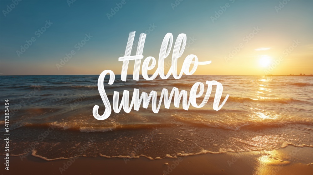 Hello Summer, Sunset on the beach with a warm welcoming message for the summer season.