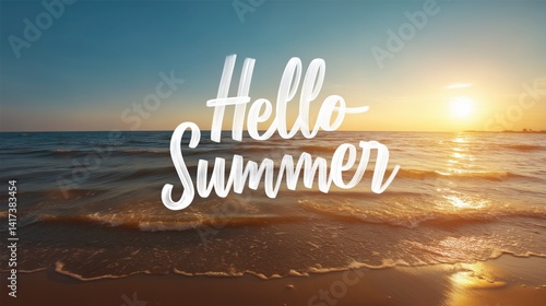 Obraz na płótnie Hello Summer, Sunset on the beach with a warm welcoming message for the summer season. w salonie