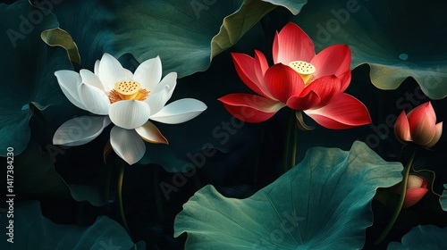 Vibrant Red and White Lotus Flowers with Lush Green Leaves and Dark Teal Background in Macro Photography