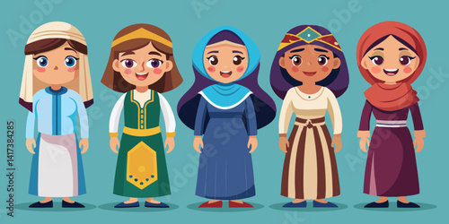 Set Of Arabic women in oriental clothing, modern fashion look. Cartoon illustrations of young Middle Eastern women in traditional hijab, abaya, kaftan, and trendy ethnic outfits.

