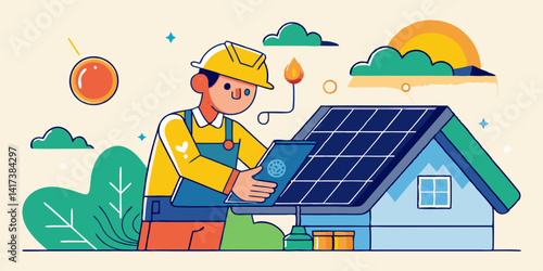 Ingeniero de dibujos animados con paneles solares en el tejado instalando energía limpia. Personaje experto en energías renovables trabajando en un sistema de energía verde, instalando energía sosteni