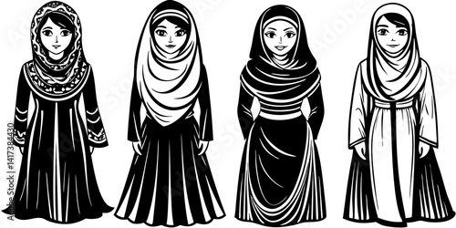 Line Art Of Stylish Arabic women in oriental clothing, modern fashion look.