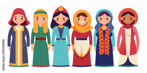 Stylish Arabic women in oriental clothing, modern fashion look. Cartoon illustrations of young Middle Eastern women in traditional hijab, abaya, kaftan, and trendy ethnic outfits.


