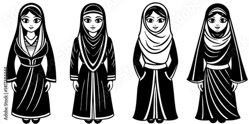 Line Art Of Stylish Arabic women in oriental clothing, modern fashion look.