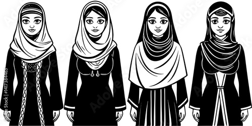 Line Art Of Stylish Arabic women in oriental clothing, modern fashion look.