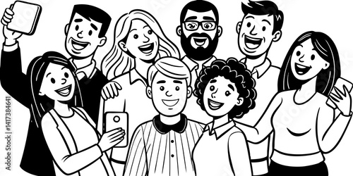 Line Art Of Cartoon characters of diverse people taking selfies with mobile phones, capturing joyful moments and memories.