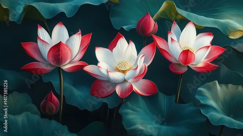 Vibrant Red and White Lotus Flowers with Lush Green Leaves and Dark Teal Background in Macro Photography