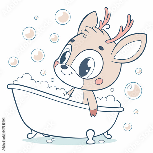 Vector cartoon cute baby deer bathing in bathtub filled with foam