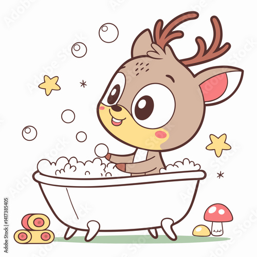 Vector cartoon cute baby deer bathing in bathtub filled with foam