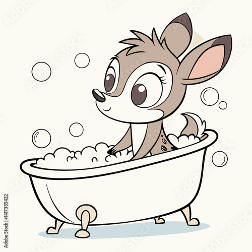 Vector cartoon cute baby deer bathing in bathtub filled with foam
