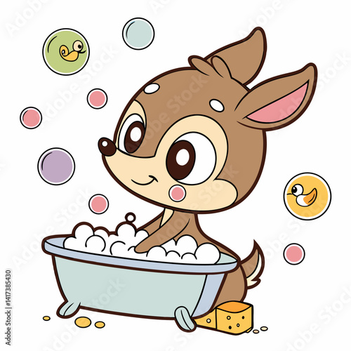 Vector cartoon cute baby deer bathing in bathtub filled with foam