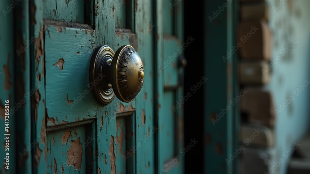 Old Turquoise Door with Brass Knob and Handle, Antique, Rustic Entrance to Home, Building Architecture Old Turquoise Door with Brass Knob and Handle, Antique, Rustic Entrance to Home, Building Architecture