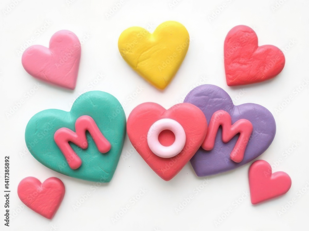 Fototapeta premium Colorful clay hearts forming mom message for mother's day on a white background top down view
