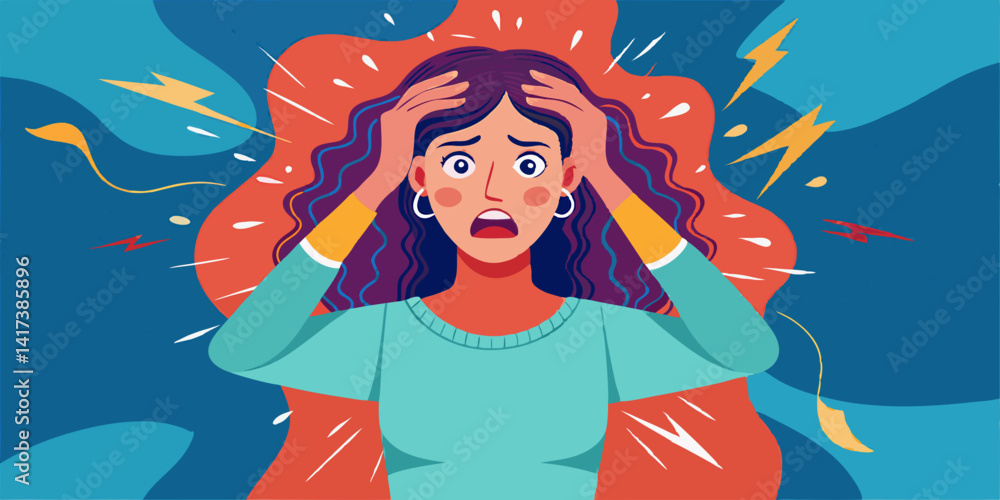 Stressed woman with a distressed look, hands on her head, symbolizing anxiety and workplace pressure. Stressed woman with a distressed look, hands on her head, symbolizing anxiety and workplace pressure.