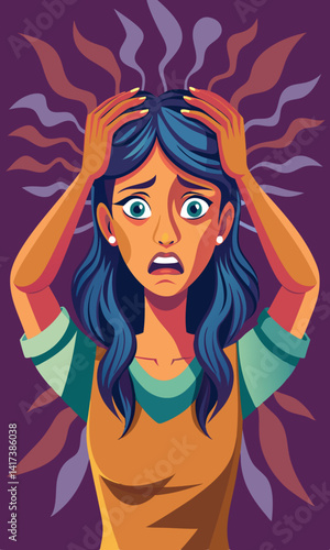 Mujer estresada con mirada angustiada, manos en la cabeza, simbolizando ansiedad y presión laboral.