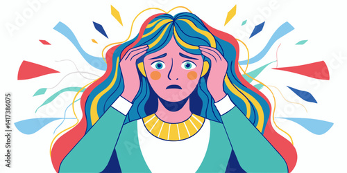 Mujer estresada con mirada angustiada, manos en la cabeza, simbolizando ansiedad y presión laboral.