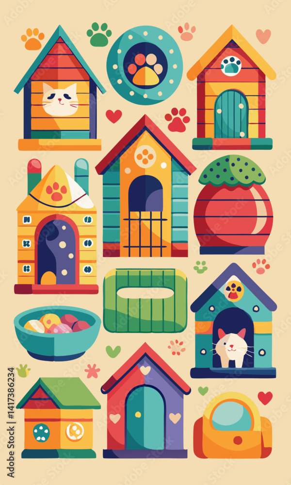 Naklejka premium Colorful set of cartoon doghouses with playful designs and dog accessories. Fun, vibrant doghouses in various shapes, including beds and bowls for pets