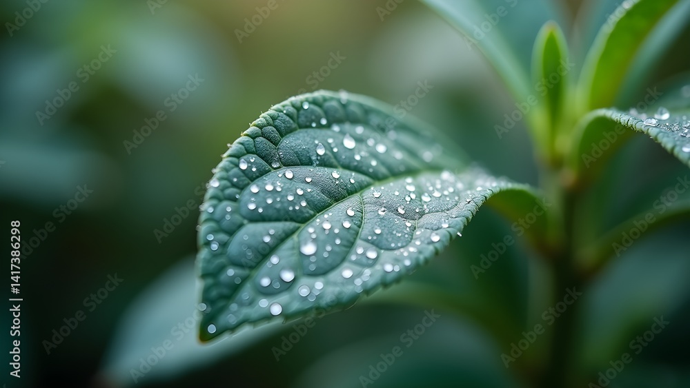 Detailed Close-Up of a Green Leaf Adorned with Sparkling Water Droplets After Rain Detailed Close-Up of a Green Leaf Adorned with Sparkling Water Droplets After Rain
