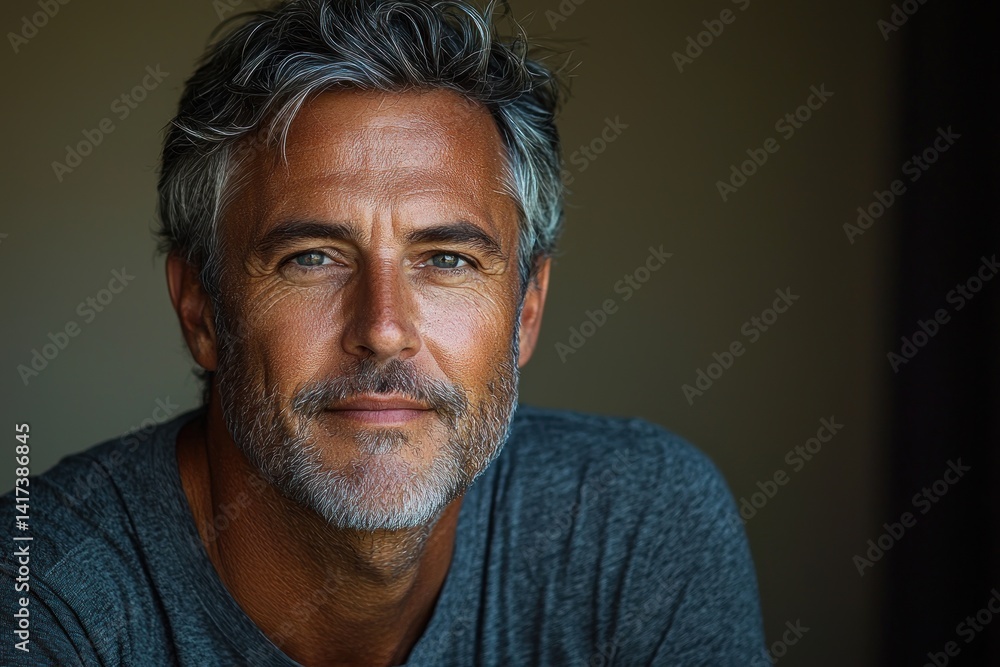 Mature man with gray hair and beard wearing a dark shirt and gazing confidently at the camera against a moody background Generative AI Mature man with gray hair and beard wearing a dark shirt and gazing confidently at the camera against a moody background Generative AI