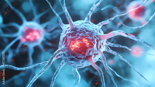 A close up of a cell with red and blue colors. The cell is surrounded by other cells, and the red and blue colors give the impression of a cell that is either diseased or infected