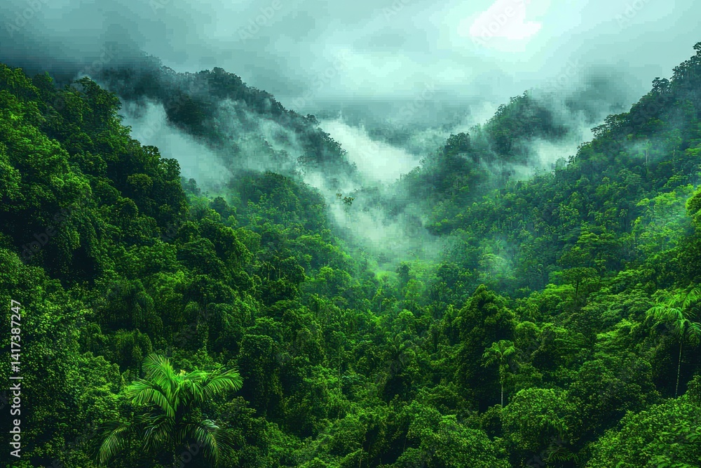 Obraz premium Lush green mountain range shrouded in mist