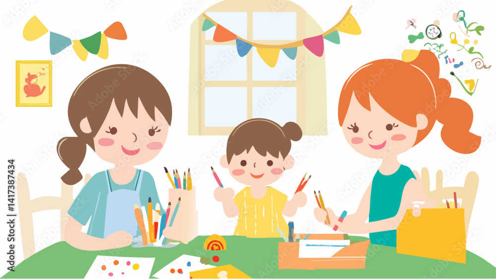 Mom and Kids Enjoying Crafting Together in Living Room Mom and Kids Enjoying Crafting Together in Living Room